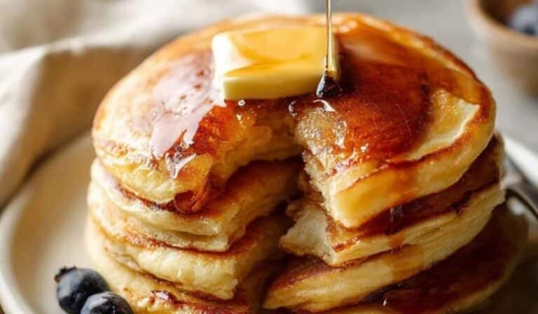 Fluffy buttermilk pancakes with maple syrup