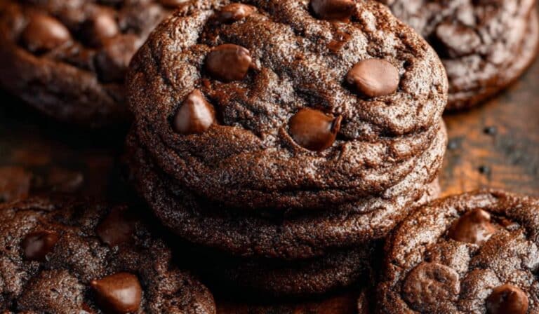 Gooey Double Chocolate Chip Cookies stacked