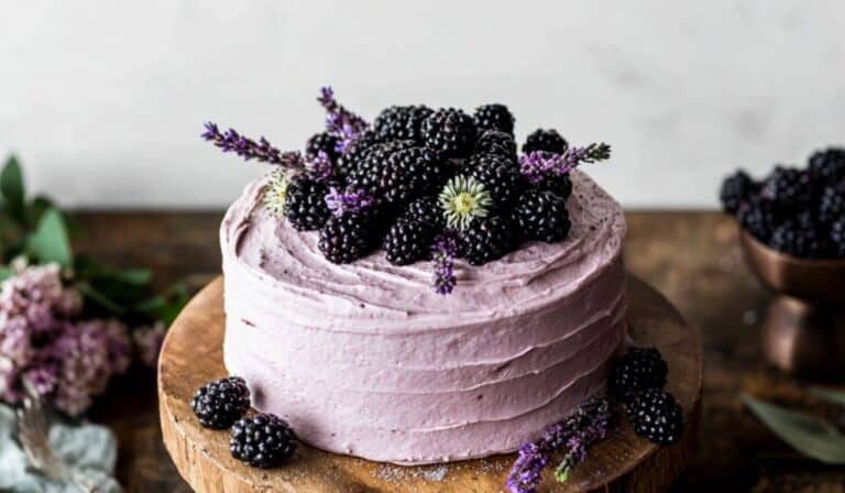 Blackberry Lavender Cake on rustic table