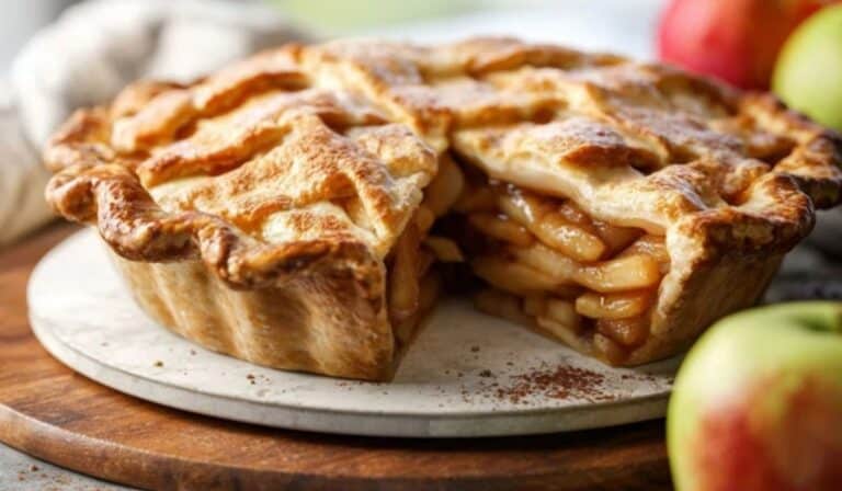 Apple Pie with lattice crust on rustic table