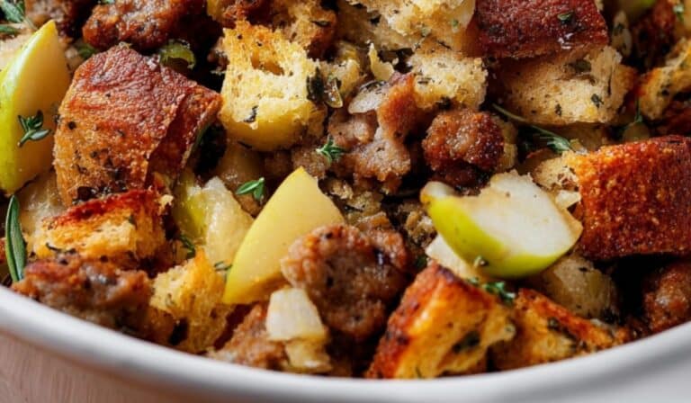 Sausage & Herb Stuffing with Apples in baking dish