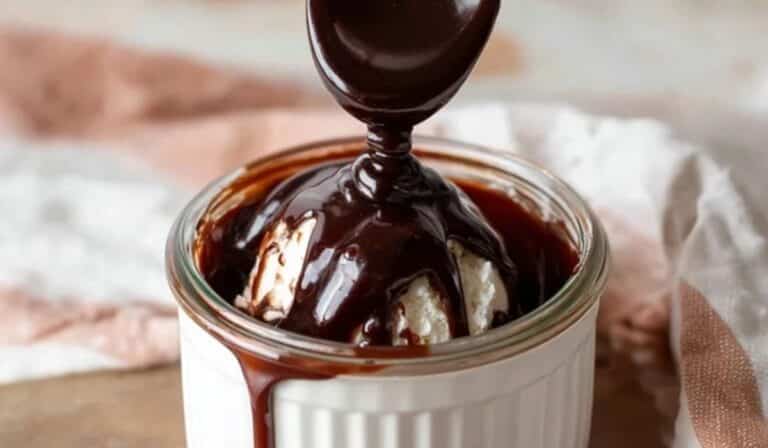 Homemade hot fudge sauce poured over ice cream