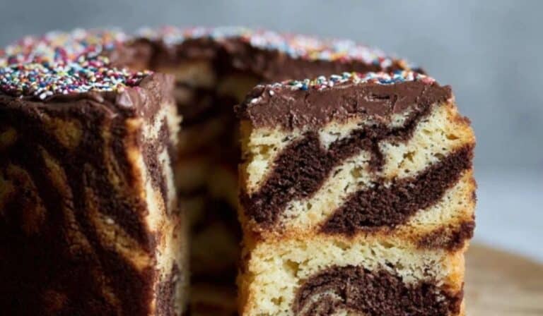 Zebra Cake sliced showing its striped pattern