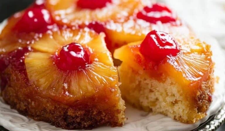 Pineapple Upside Down Cake on cake stand
