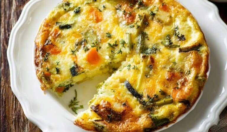 Crustless Veggie Quiche in ceramic dish