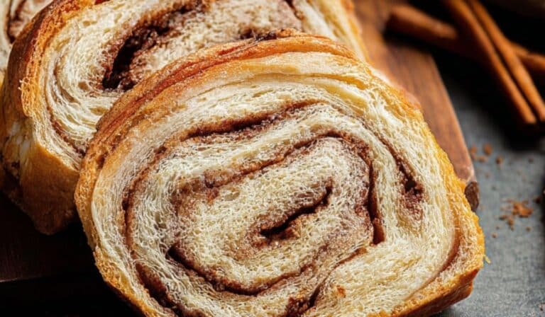 Homemade Cinnamon Swirl Bread sliced on board