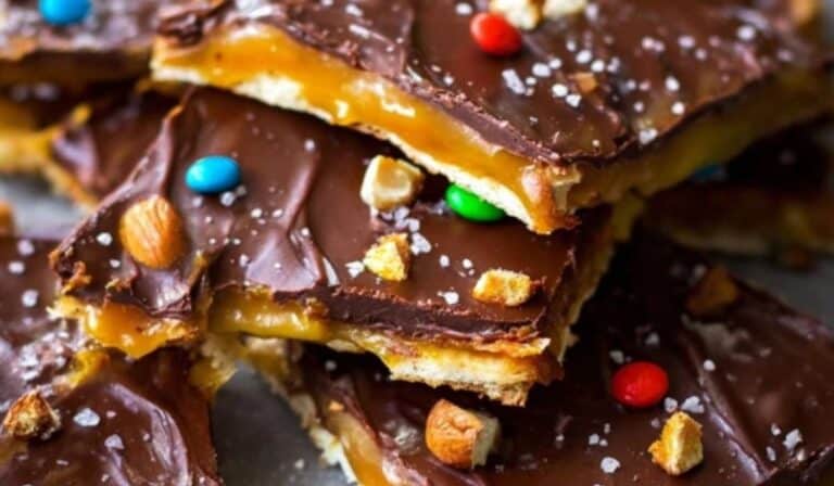 Easy Saltine Toffee topped with nuts and chocolate