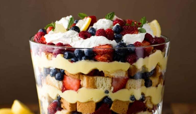 Lemon Berry Trifle in layered glass bowl