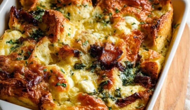 Breakfast Strata in a golden baked casserole dish