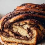 Freshly baked Nutella Babka with swirled chocolate hazelnut filling