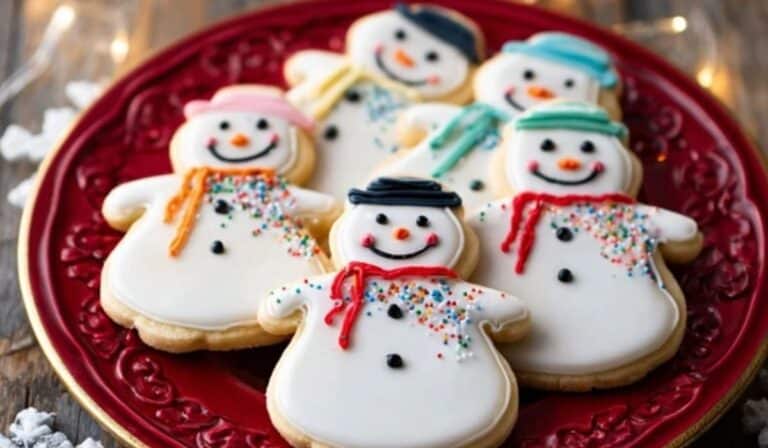 Snowman Sugar Cookies on holiday plate