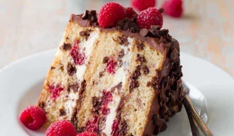 Raspberry Chocolate Chip Layer Cake on Plate