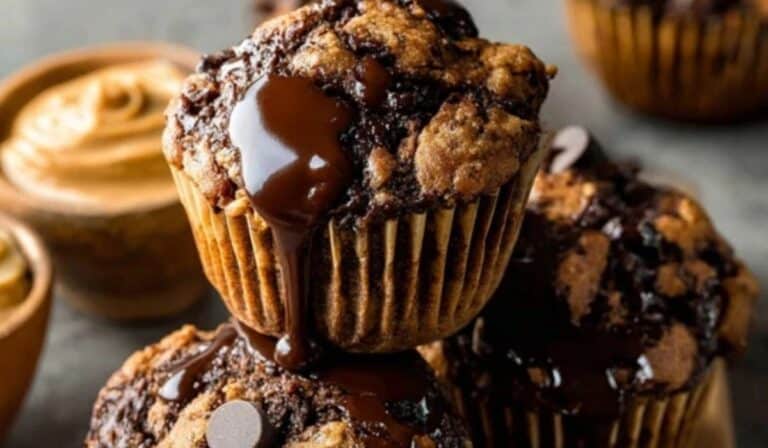 Chocolate Banana Muffins stacked with melted chocolate