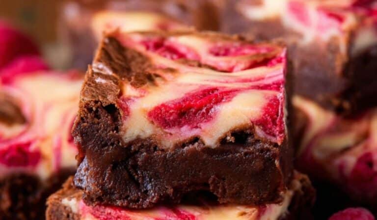 Raspberry Cheesecake Brownies stacked on rustic table