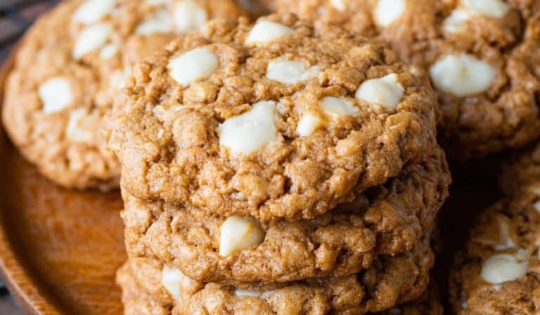 Biscoff White Chocolate Oatmeal Cookies on rustic plate