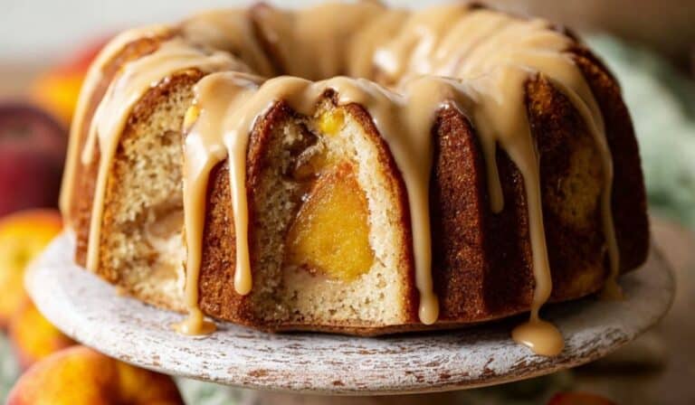Peach Bundt Cake with Brown Butter Icing on rustic table