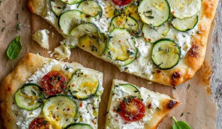 Zucchini & Herbed Ricotta Flatbread freshly baked and sliced