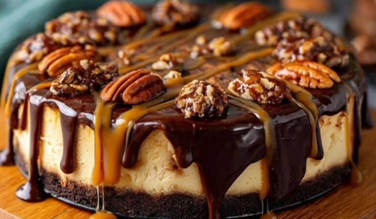 Caramel Turtle Cheesecake on rustic table