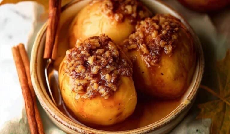 Baked Apples Recipe in a rustic ceramic dish