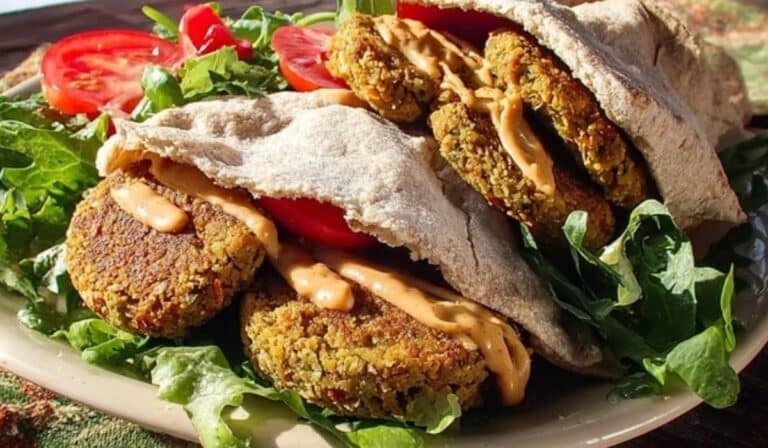 Baked falafel served with pita, tahini, and salad on a rustic plate