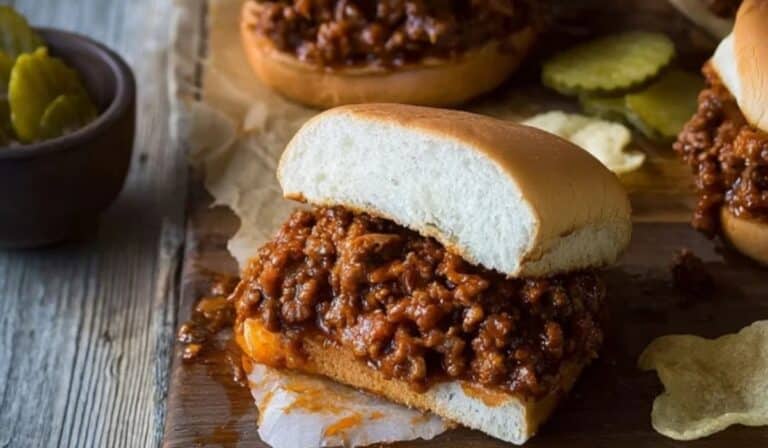 Sloppy Joe Sandwiches on toasted buns with saucy beef filling