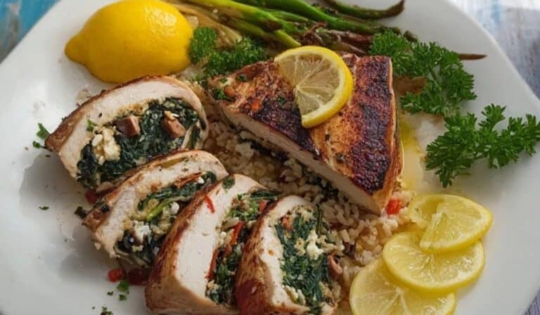 Mediterranean stuffed swordfish sliced on platter with spinach feta olive filling
