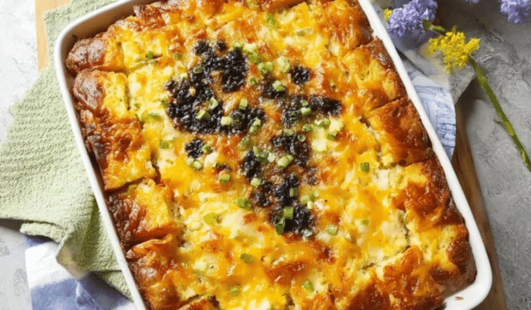 Easter Brunch Casserole baked golden with ham and cheddar in a 9x13 dish