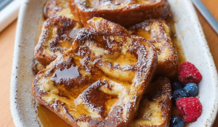 : Overnight French Toast casserole with syrup and golden top