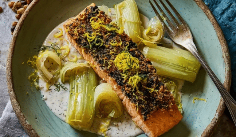Salmon with Melting Leeks on a plate with buttery leek sauce and lemon