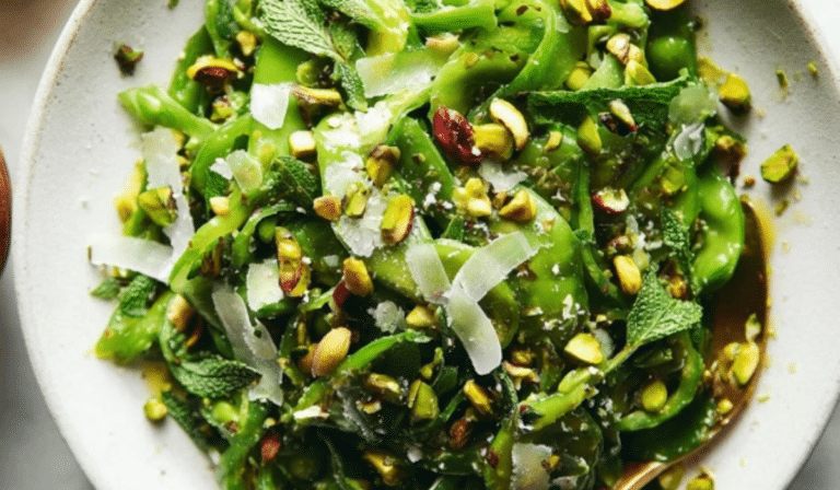 Snap Pea Salad with Zesty Lemon Vinaigrette on a platter with herbs and pistachios