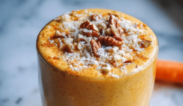 Creamy Carrot Cake Smoothie topped with pecans and cinnamon