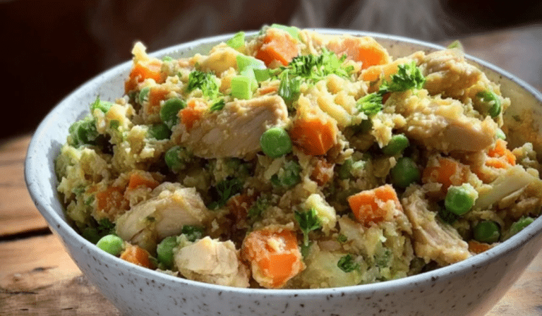 Cauliflower Chicken Fried Rice in a bowl with chicken, veggies, and green onions