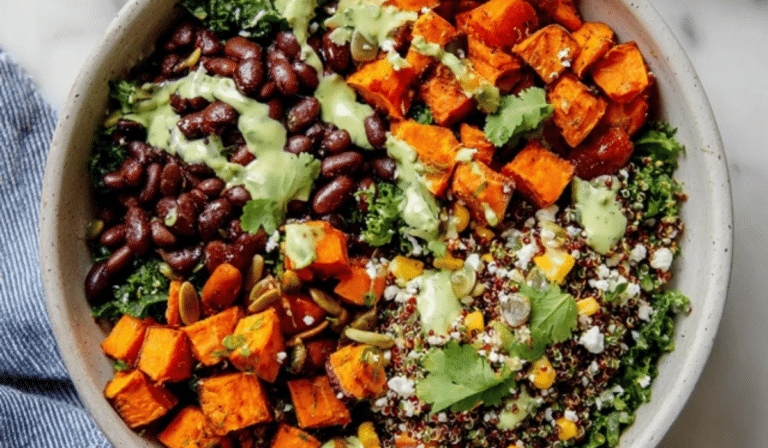 Southwestern Kale Power Salad with quinoa, sweet potato, and avocado-lime dressing
