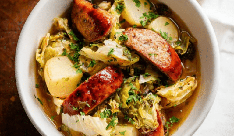Slow Cooker Sausage, Cabbage and Potatoes in a cozy bowl with broth