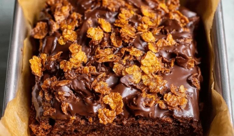 Chocolate Cornflake Crunch Cake with glossy ganache and crunchy cornflake topping