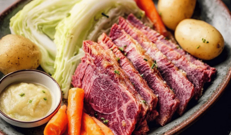 Corned Beef and Cabbage sliced with potatoes, carrots, and cabbage on a platter