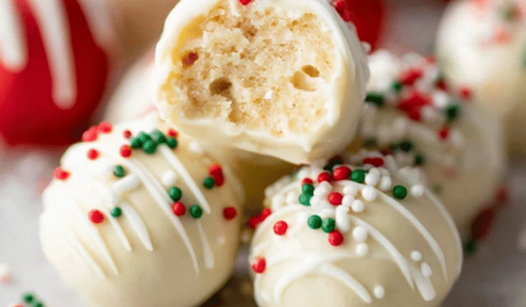 Sugar Cookie Truffles coated in white chocolate with holiday sprinkles