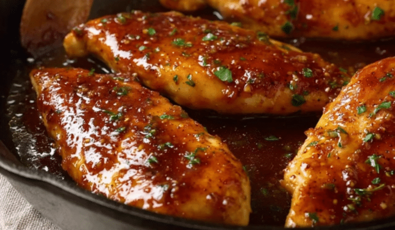 Honey garlic chicken breast in a skillet with sticky glossy sauce
