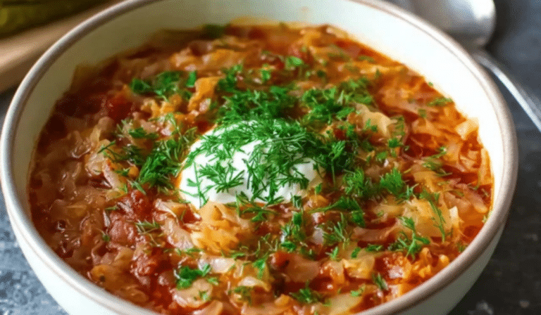 Polish Cabbage Roll Soup in a pot with parsley and sour cream
