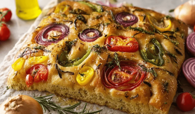 Spring Garden Focaccia baked golden with veggie flowers