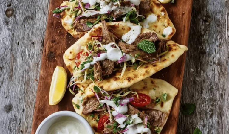 Leftover Lamb Flatbreads topped with spiced lamb and lemony yogurt sauce