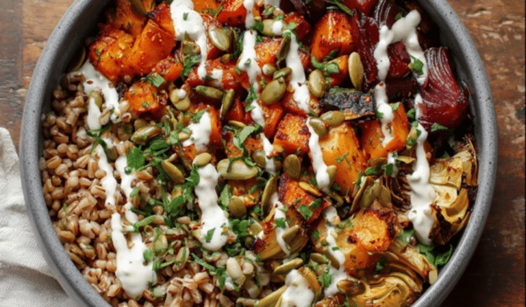 Roasted Vegetable & Farro Bowl with creamy lemon tahini sauce