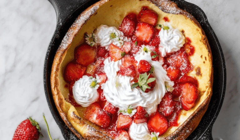 Strawberries and Cream Dutch Baby in a skillet topped with whipped cream and juicy strawberries