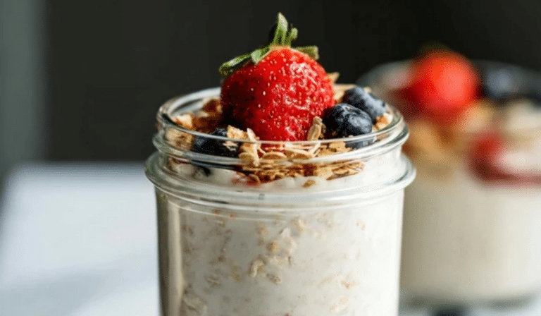 Easy Overnight Oats with Yogurt in a jar topped with berries and granola