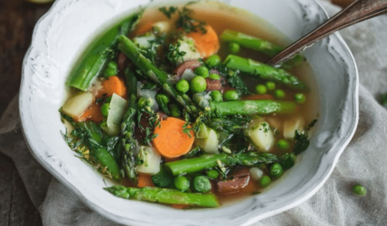 Spring Vegetable Soup with asparagus, peas, herbs, and lemon in a bright brothy bowl