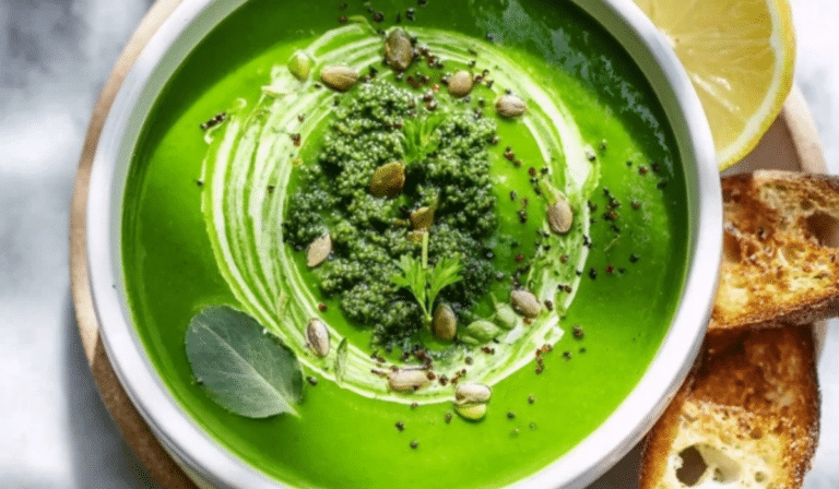 Green Detox Spring Soup topped with herbs and lemon