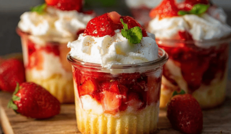 Strawberry Shortcake Cups layered with strawberries, cake, and whipped cream