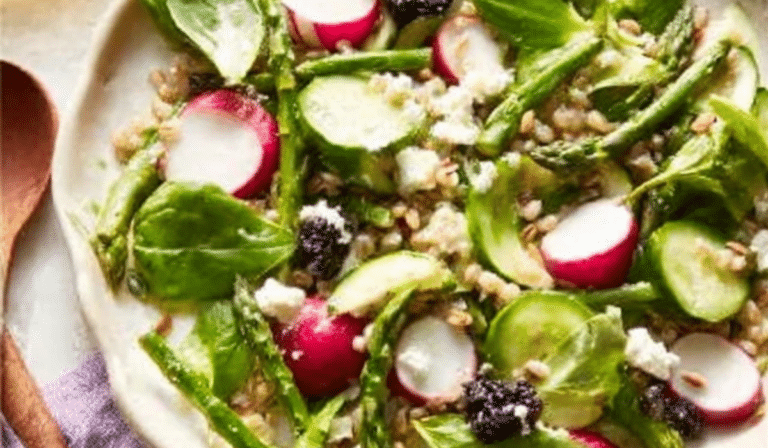 Spring Grains and Greens Salad with Honey on a platter
