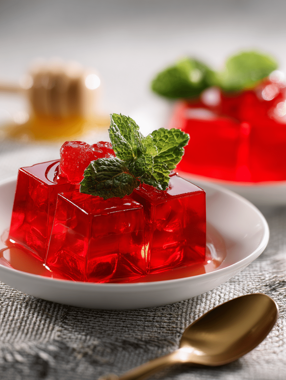 Colorful gelatin drink served in a clear glass, garnished with fresh fruits, perfect for weight loss.