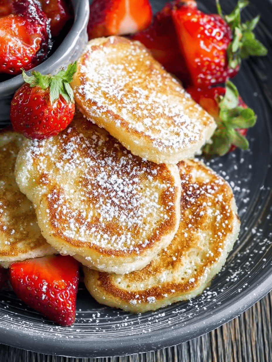 Fluffy savory cottage cheese pancakes topped with herbs and sauce on a wooden table